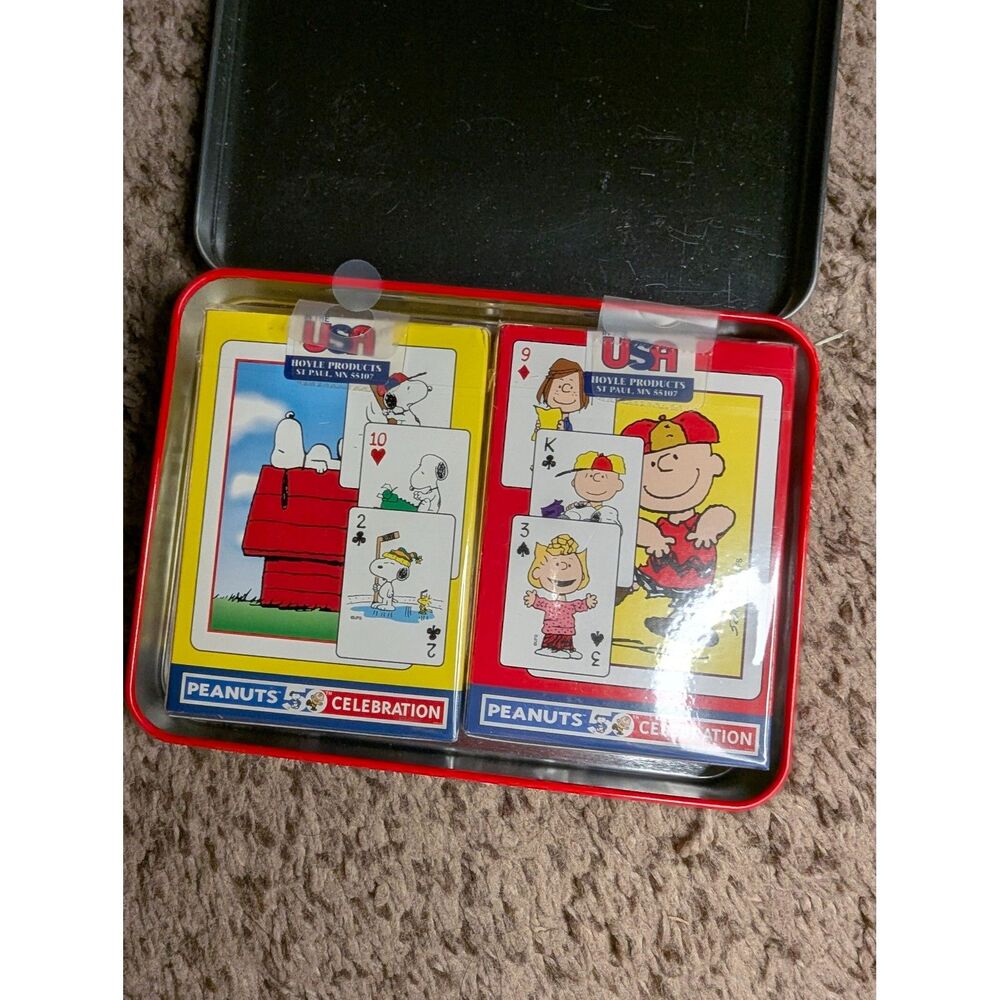 Vintage Peanuts 50th Celebration Playing Cards Set Hoyle Sealed Decks Tin